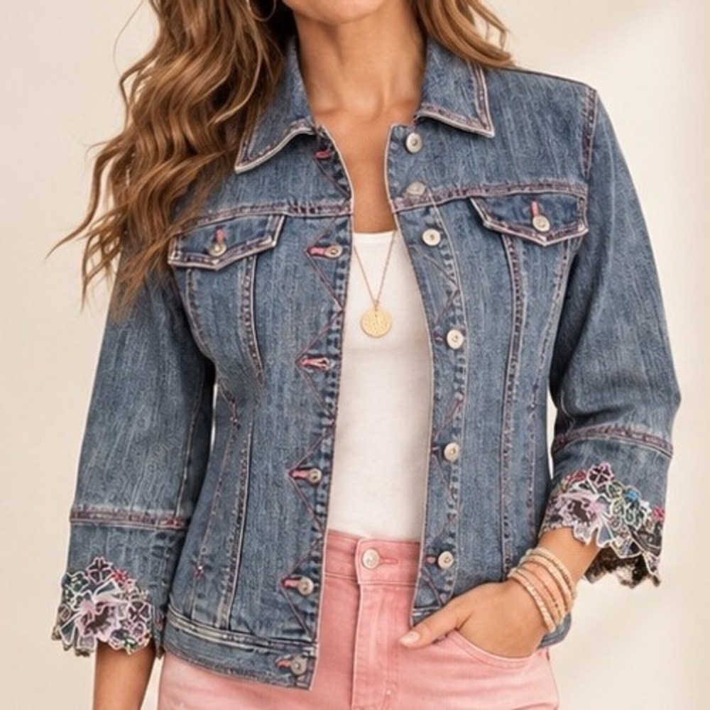 Sigrid Olsen Women Blue Denim Jacket Pink Stitching Floral Lace Cuffs Size 6 CR3